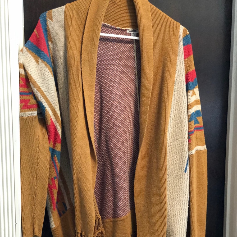Tan, red, blue cardigan